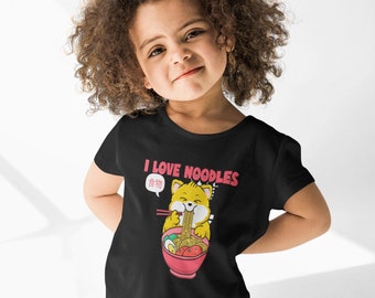 Kids Ramen Cat T-Shirt, I Love Noodles Anime Tee