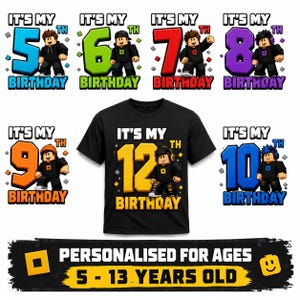 Personalised Gaming Inspired Birthday Shirt for Kids | Personalised Age 5-13 Birthday T-Shirt | Block Style Gamer Birthday Tee