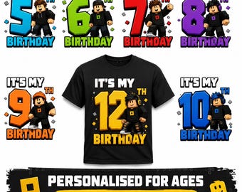 Personalised Gaming Inspired Birthday Shirt for Kids | Personalised Age 5-13 Birthday T-Shirt | Block Style Gamer Birthday Tee