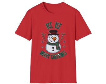 Ice Ice Merry Christmas Snowman Unisex T-Shirt, Funny Snowman Xmas Shirt, Cute Winter Gift, Holiday Party Outfit