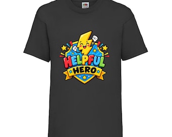 Helpful Hero Kids T-Shirt, Lightning Badge Cotton Top, Ages 3-13