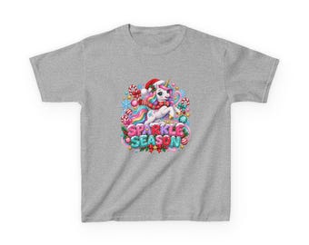 Sparkle Season Unicorn Kids T-Shirt, Christmas Unicorn Shirt, Pastel Xmas Gift, Girls Holiday Top