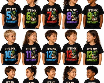 Custom Kids Chicken Jockey Birthday Shirt Gamer Birthday T Shirt for Boys & Girls Pixel Block Party Tee 5th 6th 7th 8th 9th 10th 11th 12th