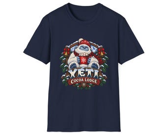 Yeti Cocoa Lodge Unisex T-Shirt, Christmas Yeti Shirt, Hot Cocoa Xmas Gift, Cosy Cabin Holiday Top