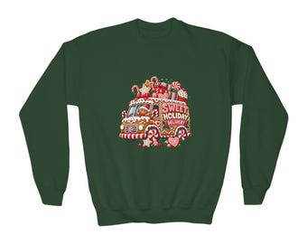 Sweet Holiday Delivery Kids Sweatshirt, Gingerbread Van Sweatshirt, Candy Christmas Gift, Baker Xmas Top