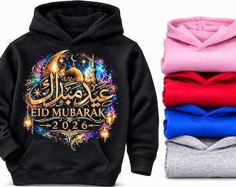 Kids Eid Mubarak 2026 Hoodie, Boys Girls Islamic Celebration Top
