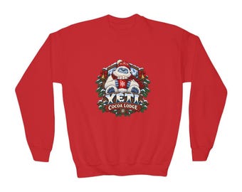 Yeti Cocoa Lodge Kids Sweatshirt, Christmas Yeti Sweatshirt, Hot Cocoa Xmas Gift, Cosy Cabin Holiday Top