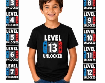 Personalised Level Unlocked Birthday Shirt Ages 3-13, Kids Gamer Birthday T Shirt, Gaming Birthday Tee for Boys Girls, Birthday Party Outfit