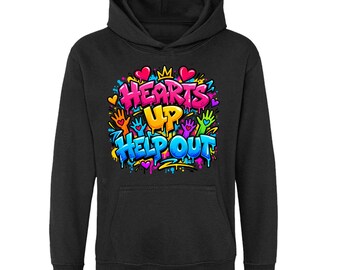Hearts Up Help Out Kids Hoodie, Graffiti Raised Hands Pullover, Ages 5-13