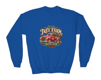 Tree Farm Social Club Kids Sweatshirt, Red Truck Christmas Sweatshirt, Vintage Farm Xmas Gift, Retro Holiday Top