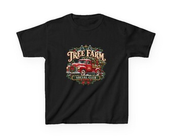 Tree Farm Social Club Kids T-Shirt, Red Truck Christmas Shirt, Vintage Farm Xmas Gift, Retro Holiday Top