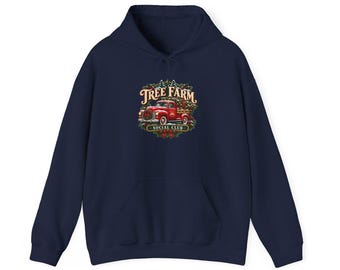 Tree Farm Social Club Unisex Hoodie, Red Truck Christmas Hoodie, Vintage Farm Xmas Gift, Retro Holiday Top
