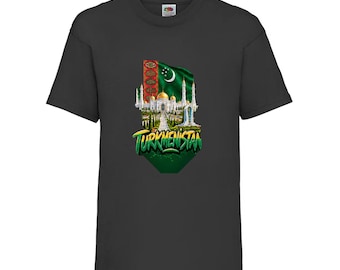 Turkmenistan Heritage Kids T-Shirt, Landmarks and Flag Crest Cotton Top, Ages 3-13