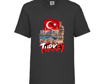 Turkey Heritage Kids T-Shirt, Landmarks and Flag Crest Cotton Top, Ages 3-13