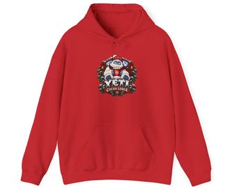 Yeti Cocoa Lodge Unisex Hoodie, Christmas Yeti Hoodie, Hot Cocoa Xmas Gift, Cosy Cabin Holiday Top