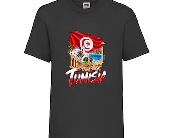 Tunisia Heritage Kids T-Shirt, Landmarks and Flag Crest Cotton Top, Ages 3-13