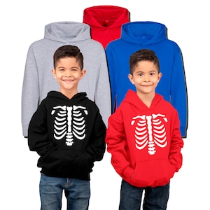 Halloween Skeleton Bones Rib Cage Sweatshirt - Kids X Ray Costume Sleeve Print Hooded Neck Jumper, Boys Halloween Costume, Girls Halloween C