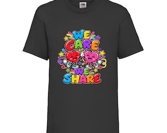 We Care We Share Kids T-Shirt, Heart Friends Cotton Top, Ages 3-13