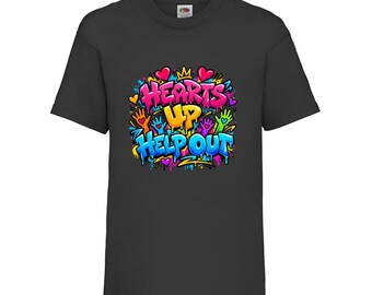 Hearts Up Help Out Kids T-Shirt, Graffiti Raised Hands Cotton Top, Ages 3-13