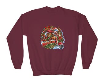 Wreath Rider Reindeer Kids Sweatshirt, Scooter Christmas Sweatshirt, Reindeer Xmas Gift, Funny Holiday Top