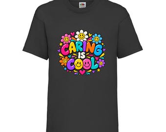 Caring Is Cool Kids T-Shirt, Smiley Daisy Cotton Top, Ages 3-13