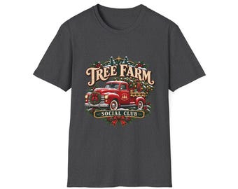 Tree Farm Social Club Unisex T-Shirt, Red Truck Christmas Shirt, Vintage Farm Xmas Gift, Retro Holiday Top