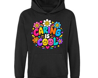 Caring Is Cool Kids Hoodie, Smiley Daisy Pullover, Ages 5-13