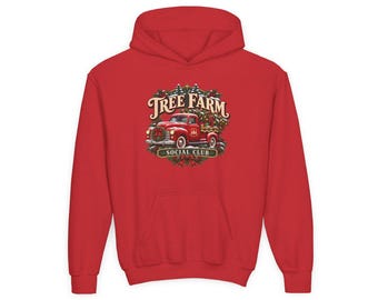 Tree Farm Social Club Kids Hoodie, Red Truck Christmas Hoodie, Vintage Farm Xmas Gift, Retro Holiday Top