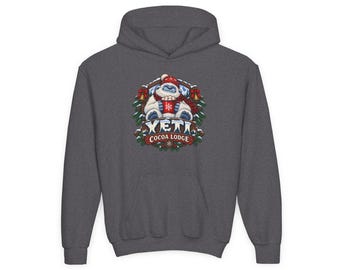 Yeti Cocoa Lodge Kids Hoodie, Christmas Yeti Hoodie, Hot Cocoa Xmas Gift, Cosy Cabin Holiday Top