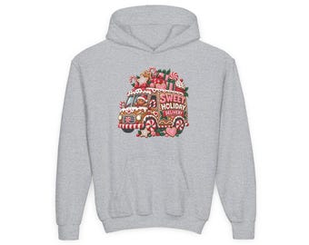 Sweet Holiday Delivery Kids Hoodie, Gingerbread Van Hoodie, Candy Christmas Gift, Baker Xmas Top