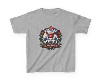 Yeti Cocoa Lodge Kids T-Shirt, Christmas Yeti Shirt, Hot Cocoa Xmas Gift, Cosy Cabin Holiday Top