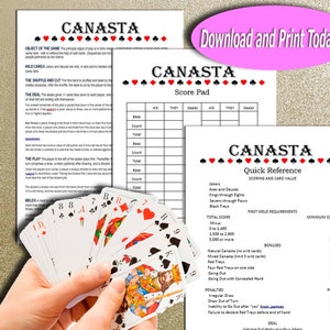 Apprenez et jouez à Canasta, feuille de score, règles et guide de référence rapide, cartes de score de jeu à télécharger imprimables