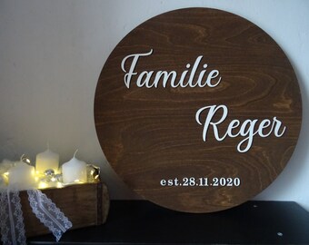 Geschenk zur Hochzeit, Holzschild, Familienschild, Türschild, rund 50 cm Durchmesser, Weihnachtsgeschenk