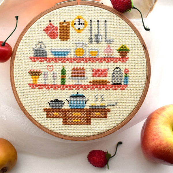 Schema punto croce cucina carina PDF / accogliente cibo tè cuocere floreale scaricato grafico contato / divertente xstitch ucraina colazione Room hoop art