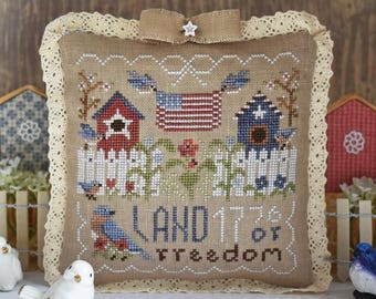 Patrón de punto de cruz de aves patrióticas en PDF, muestrario primitivo del 4 de julio de 1776, EE. UU., 250 aniversario de la libertad, StitchyPrincess + variante de verano
