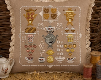 Samovar Cross Stitch Pattern, Cozy Kitchen Primitive Sampler (PDF)
