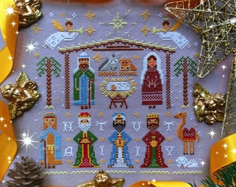 Christmas Nativity cross stitch pattern PDF Primitive Winter letters ornament sampler angels jesus Xmas Silent Night Ukraine StitchyPrinces