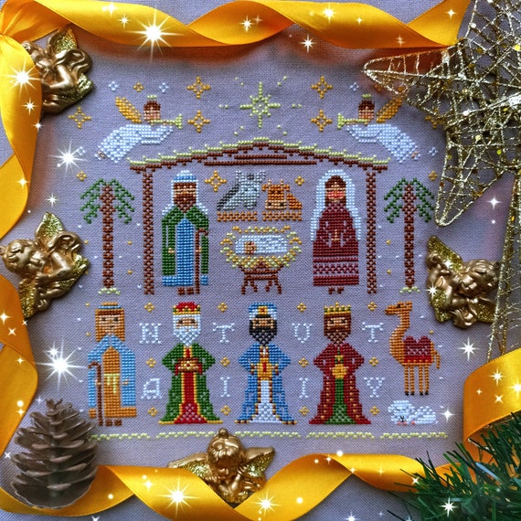 Christmas Nativity cross stitch pattern PDF / Primitive Winter Brthlehem sampler / StitchyPrincess