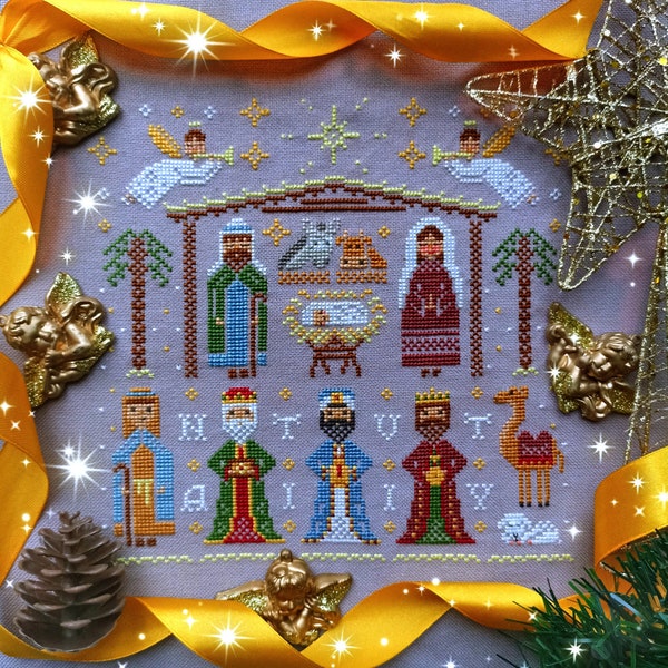 Christmas Nativity cross stitch pattern PDF Primitive Winter letters ornament sampler angels jesus Xmas Silent Night Ukraine StitchyPrinces