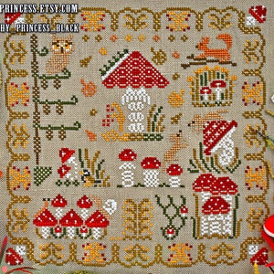 Magic mushroom cross stitch pattern PDF primitive sampler fly agaric owl animal plant squirrel amanita cottagecore ukraine StitchyPrincess