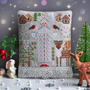 Miss Winter cross stitch pattern PDF Primitive sampler Girl tree ReinDeer Bunny Squirrel Snowflake bird Xmas StitchyPrincess Ukraine