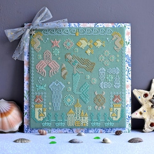 Mermaid cross stitch pattern PDF primitive summer sampler seaside border fish underwater ocean sea turtle seahorse jellyfish StitchyPrincess