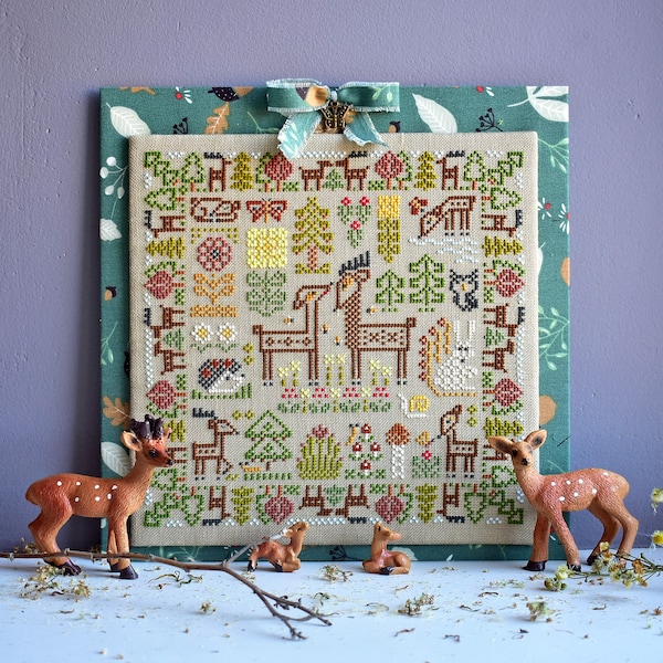 Cerfs dans les bois, modèle PDF de point de croix, échantillon primitif, champignon, chouette, hérisson, lapin, plante, fleurs, cottagecore, ukraine, StitchyPrincess