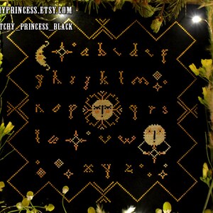 Primitive cross stitch pattern PDF Alphabet Sampler Folk sun letters magic night moon stars instant download + BONUS Ukrainian alphabet