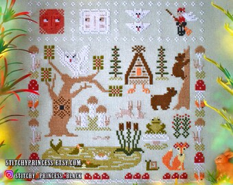 Woodland Cross Stitch pattern PDF / animals primitive sampler / Rabbit Fox Baba Yaga hut mushroom owl swamp Halloween creepy StitchyPrincess