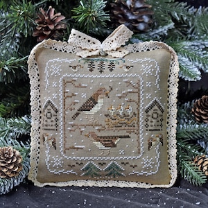 Vogels in de winter kruissteekpatroon pdf primitieve samplerkaart sneeuwmotieven vogelhuisje Frost Snowflakes 2025 Oekraïne StitchyPrincess