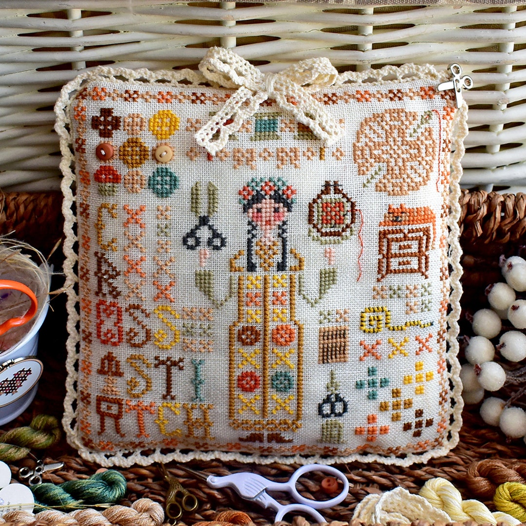 Miss Cross Stitch Primitive Sampler Pattern PDF / Girl Scissors ...