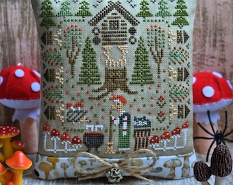 Baba Yaga Cross Stitch Pattern PDF / Woodland Witchwith black Cat primitive sampler / by StitchyPrincess
