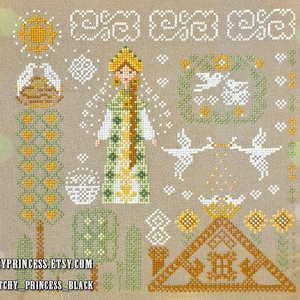 May include: Cross stitch pattern featuring a woman in a green and yellow dress, birds, and a house. The pattern is on a beige background with white and yellow accents. The text "YPPRINCESS.ETSY.COM" and "ITCHY_PRINCESS_BLACK" is at the bottom of the pattern.