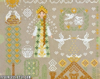 Spring Ukrainian girl with sunflowers cross stitch pattern PDF / Cottagecore primitive sampler / by StitchyPrincess